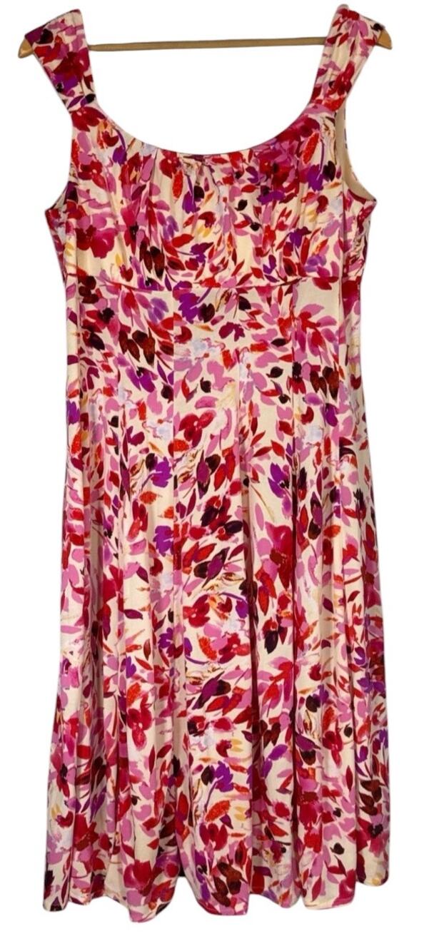 London Times Floral Jersey Dress Sleeveless Pink Midi Stretch Sz 14 Ruched Bust